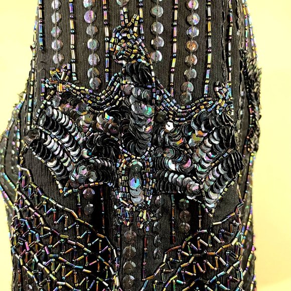 70s Vintage Le Mieux Black 100% Silk Art Deco Beaded Sequined Bat Motif Blouse - Picture 6 of 9